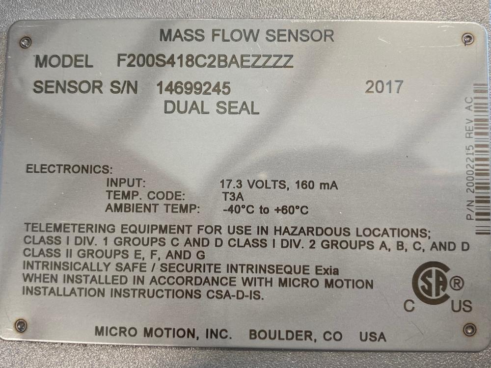 Micro Motion 2" x 1-1/2" 150# 316 Stainless Flow Meter F200S418C2BAEZZZZ (O)